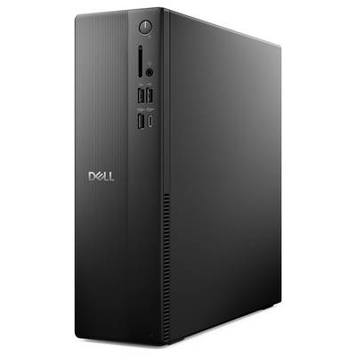 Une tour d'ordinateur de bureau Dell noire avec plusieurs ports USB et un design épuré et moderne.
