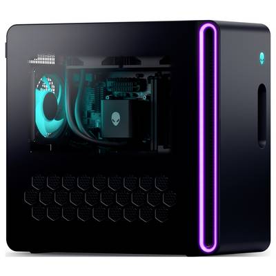Un PC de jeu noir compact avec des composants internes visibles, dotés d'un ventilateur bleu luminescent et d'accents, et d'une bande LED rose verticale.
