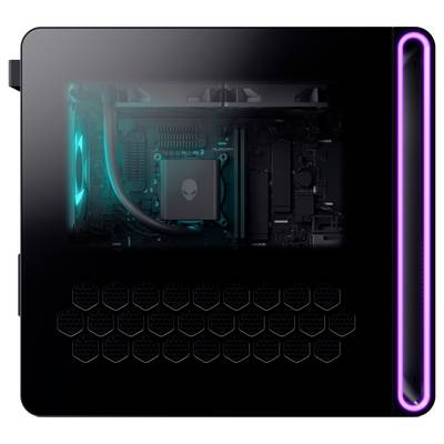 Une vue latérale transparente d'un boîtier d'ordinateur de jeu avec les composants internes visibles, mis en évidence par un éclairage LED bleu et violet.