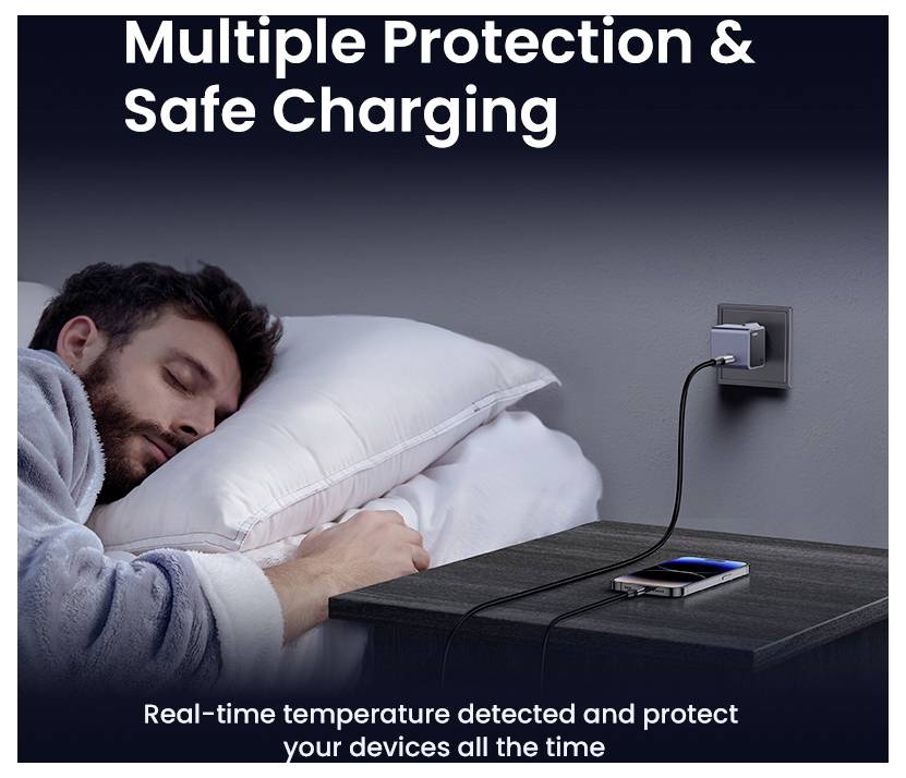 Une personne dormant à côté d'une table de nuit avec un téléphone en charge. Le texte dit : « Protection Multiple et Charge Sécurisée. Température détectée en temps réel. »