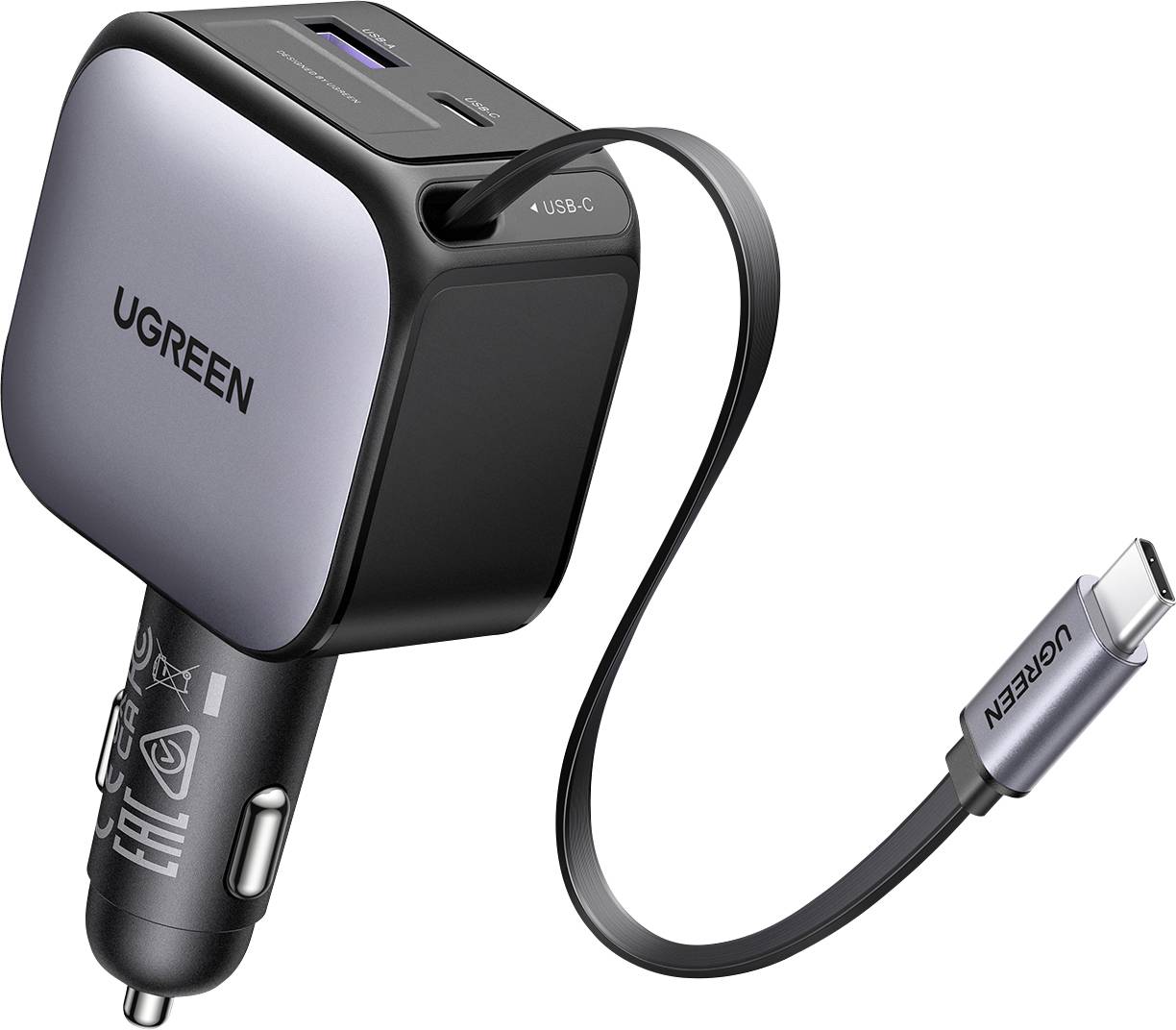 Un chargeur de voiture UGREEN noir avec un câble USB-C et deux ports, conçu pour une charge rapide dans la prise d'alimentation du véhicule.