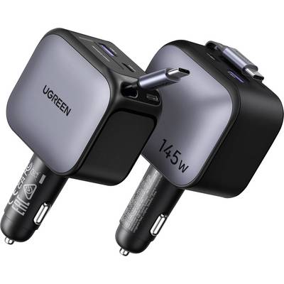 Deux chargeurs de voiture UGREEN noirs avec ports USB doubles, étiquetés « 145W », présentés sous un angle de côté.