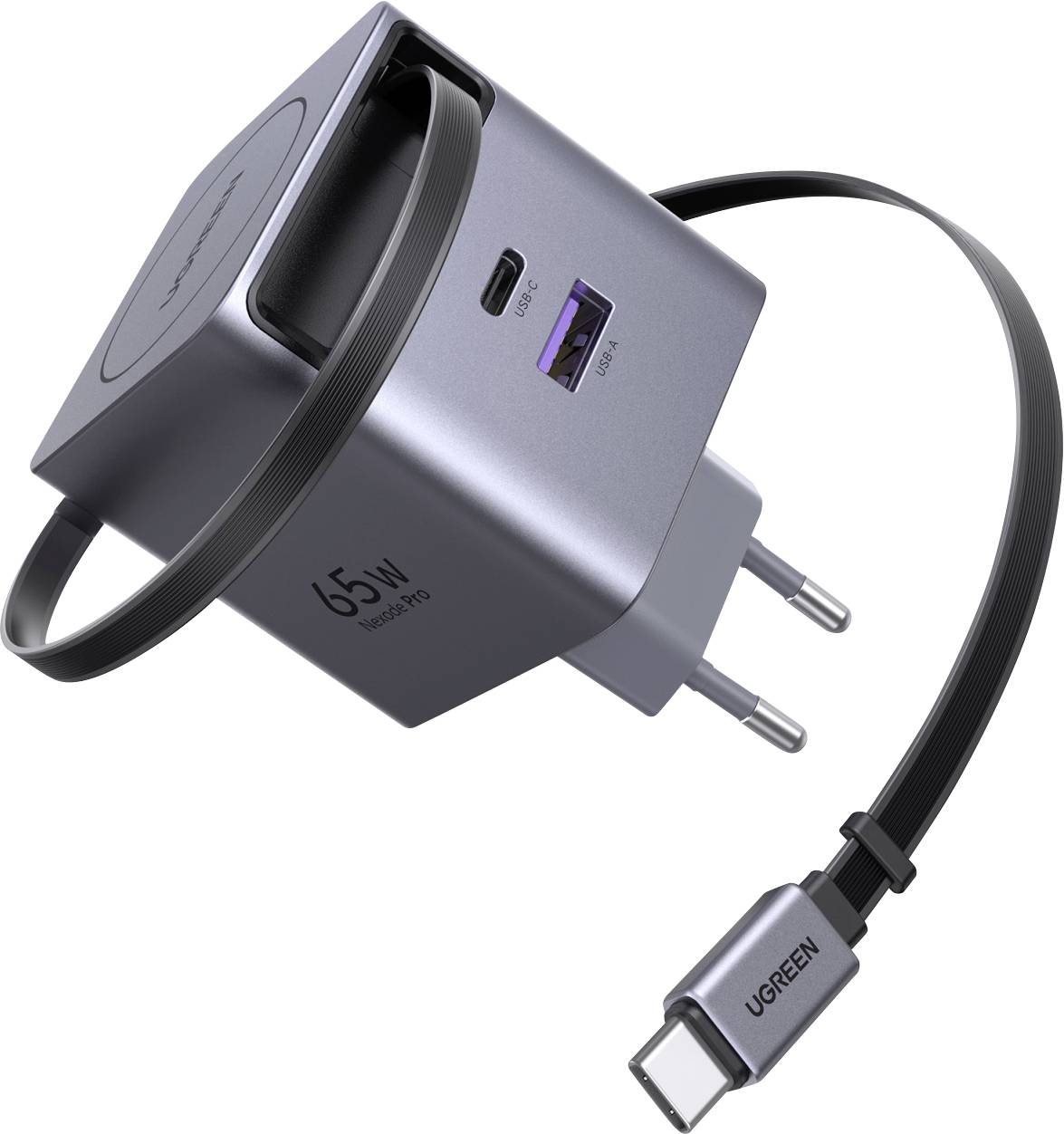 Un chargeur mural USB-C 65W avec un câble détachable et un port USB supplémentaire, conçu pour la charge rapide des appareils électroniques.