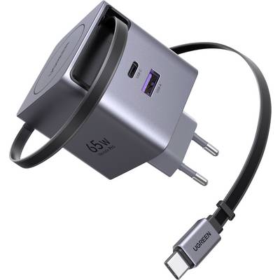Un chargeur mural USB-C 65W avec un câble détachable et un port USB supplémentaire, conçu pour la charge rapide des appareils électroniques.