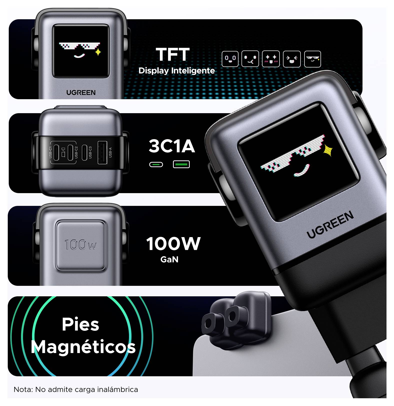 L'image présente un dispositif de charge UGREEN doté d'un écran numérique, offrant une charge GaN de 100W et des pieds magnétiques pour l'attachement.