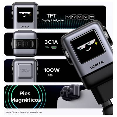 L'image présente un dispositif de charge UGREEN doté d'un écran numérique, offrant une charge GaN de 100W et des pieds magnétiques pour l'attachement.