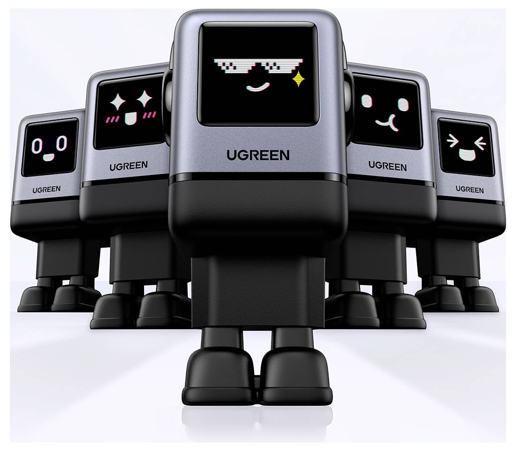 Figurines robotiques avec des expressions faciales pixelisées sur des écrans, affichant diverses émotions comme la joie et la surprise, de marque « UGREEN ».