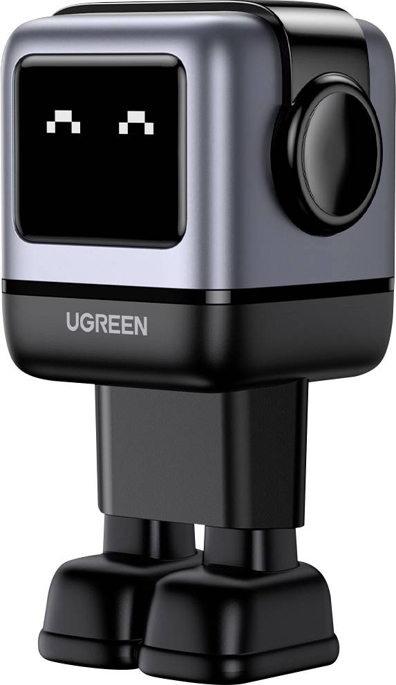 Un petit robot stylisé avec une tête cubique et un écran numérique affichant des yeux. Il a une finition métallique et se tient debout sur deux jambes.