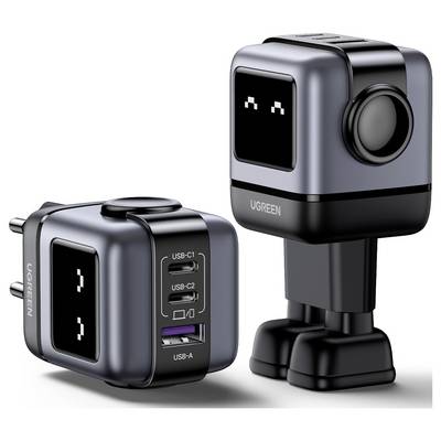 « Deux chargeurs en forme de robot dotés de ports USB-C et USB-A, affichant un visage aux yeux pixelisés. Un chargeur est debout, et l'autre est allongé à plat. »
