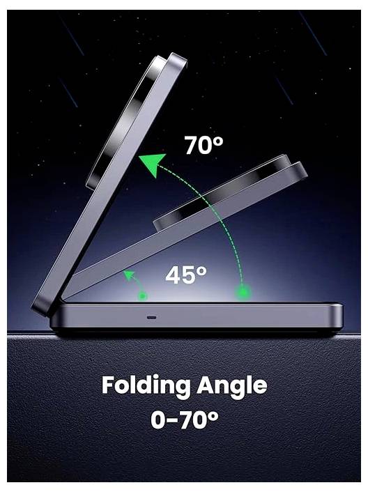 Un appareil mobile est montré en train de se plier avec des angles indiqués à 45° et 70°, mettant en évidence sa plage de pliage de 0° à 70°.