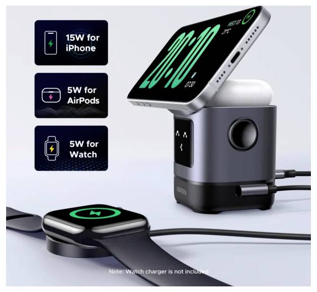 Chargeur sans fil 3 en 1 avec charge pour téléphone, AirPods et montre. Affiche les étiquettes « 15W pour iPhone », « 5W pour AirPods », « 5W pour Watch ».