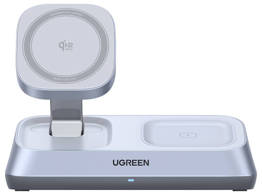 Un récipient cylindrique gris à deux niveaux avec un couvercle et une base sombres et translucides.