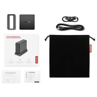Kit « Station d'accueil de charge GaN Lenovo » comprenant le socle, les câbles, le manuel et la pochette de transport, présentant la configuration et les composants.
