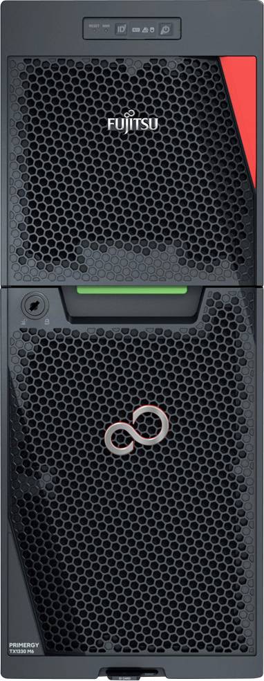 Un système serveur Fujitsu avec un design perforé noir, un accent rouge et un voyant indicateur vert près du centre.