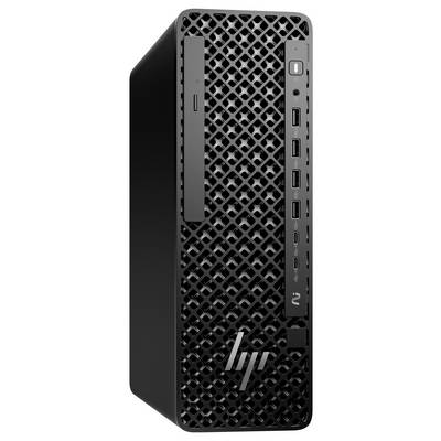 Une tour d'ordinateur de bureau noire avec un panneau avant en maille moderne, avec des ports visibles incluant USB et HDMI. Le logo HP est affiché en bas.