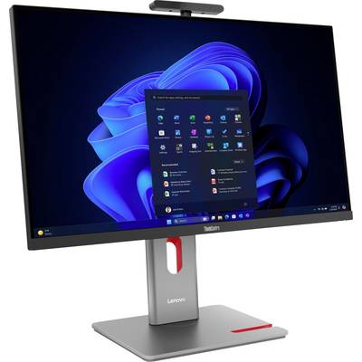 Un ordinateur de bureau Lenovo avec un moniteur moderne affichant un système d'exploitation Windows. L'écran affiche un menu d'application ouvert.