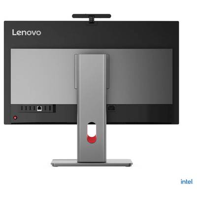 Un moniteur Lenovo vu de l'arrière, montrant le support, les ports, et les logos Lenovo et Intel.