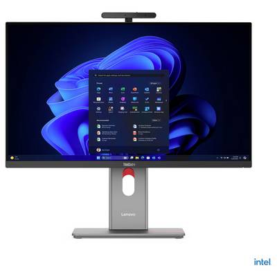 Un moniteur Lenovo avec une caméra de vidéoconférence sur le dessus et une interface du système d'exploitation Windows affichée, présentant un bureau avec diverses icônes d'application visibles.
