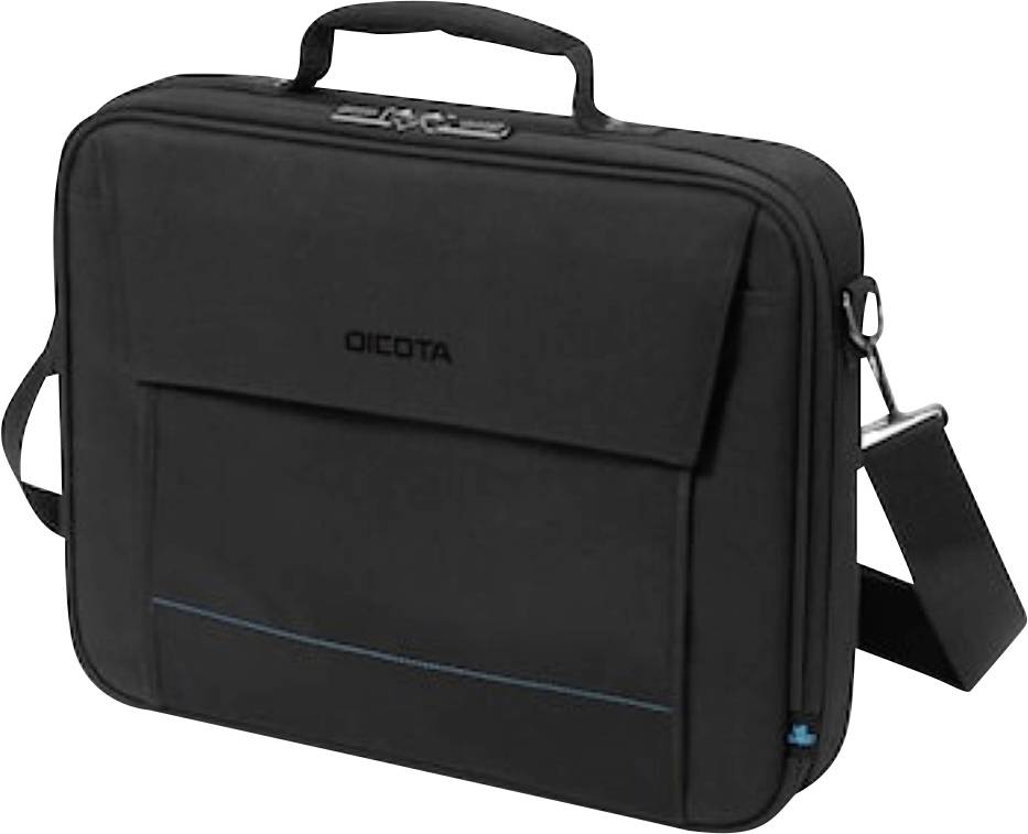 Un sac pour ordinateur portable noir avec une poignée et une bandoulière, doté d'une poche avant et d'une fermeture éclair en haut, adapté au transport d'appareils électroniques.