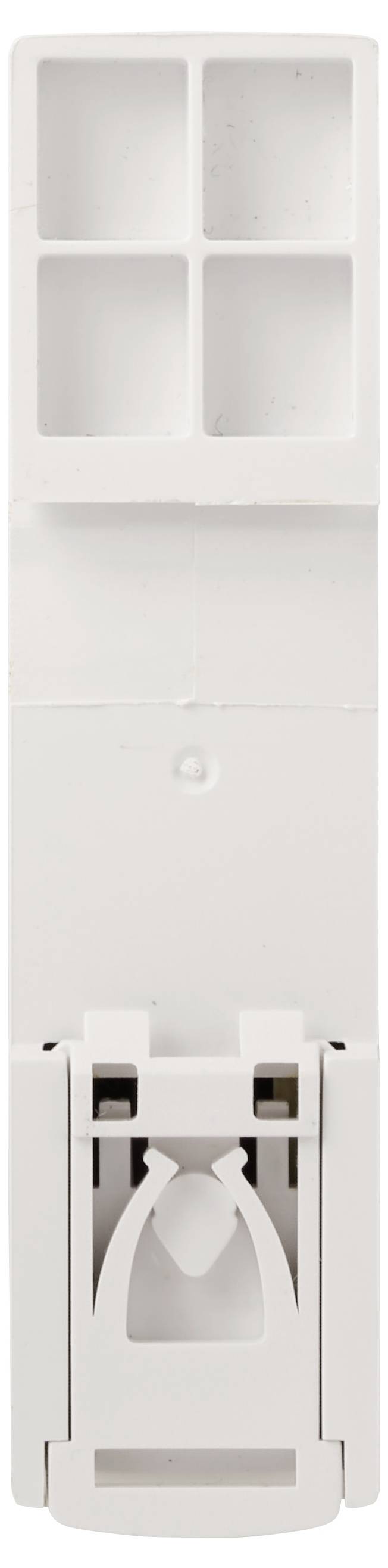Distributeur/support mural en plastique blanc avec deux compartiments ouverts en haut et un bac inférieur, montré en vue de face.