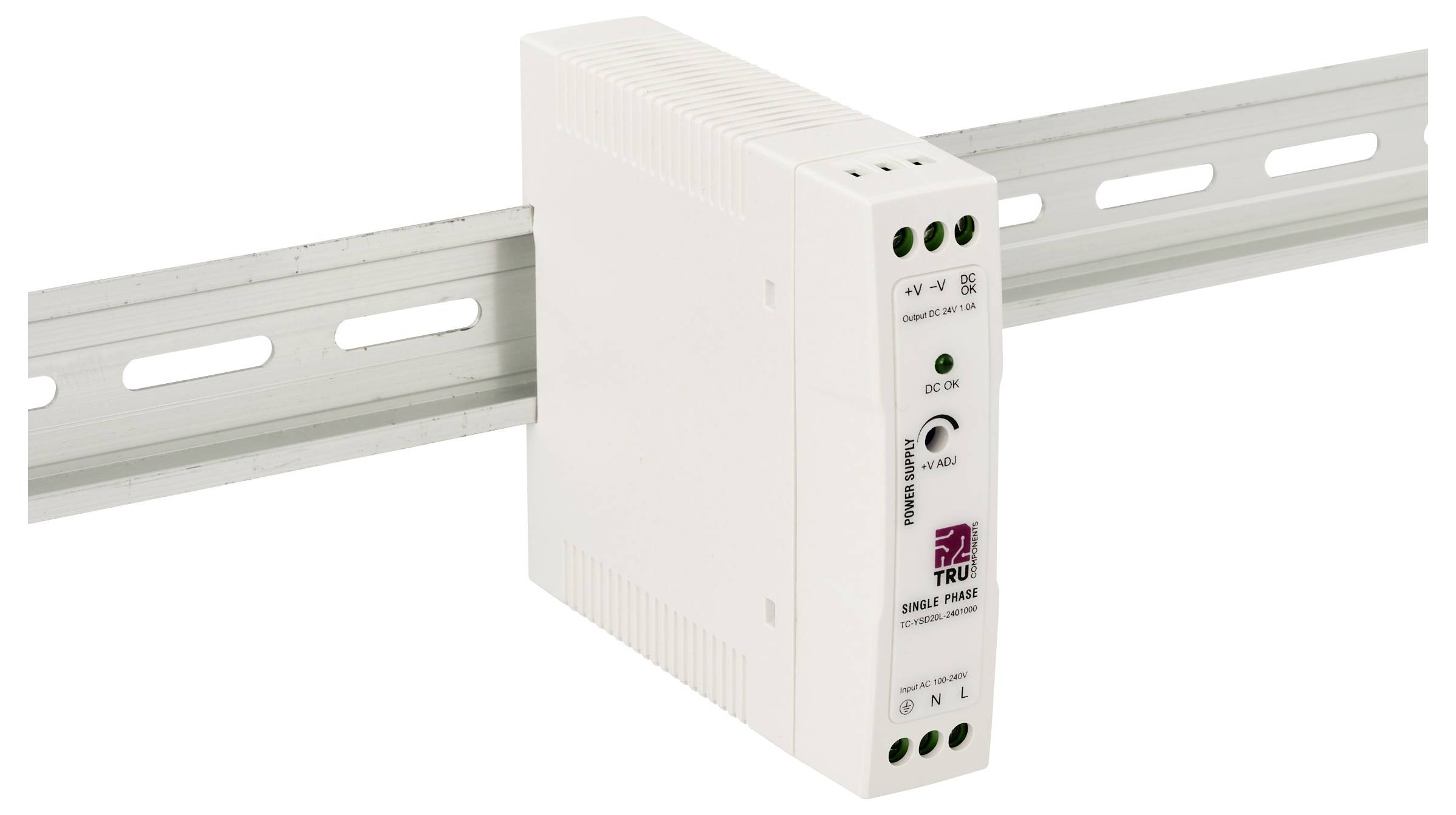 Module industriel blanc monté sur rail DIN avec voyants LED frontaux et bouton de sélection fixé sur rail métallique