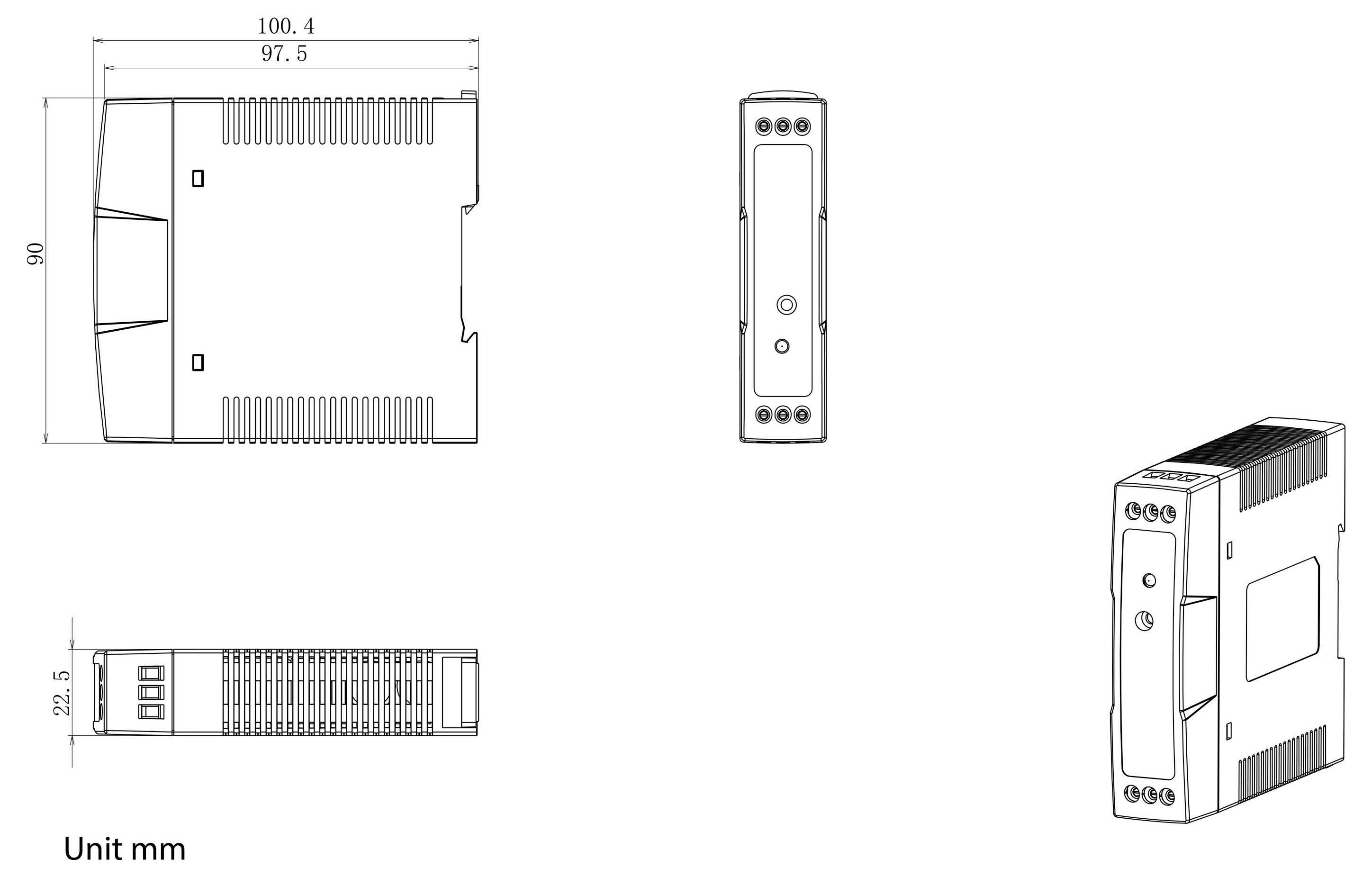 Dessin technique d'un module électronique rectangulaire présenté en vues de face, de côté, de dessus et isométrique avec des dimensions en millimètres.