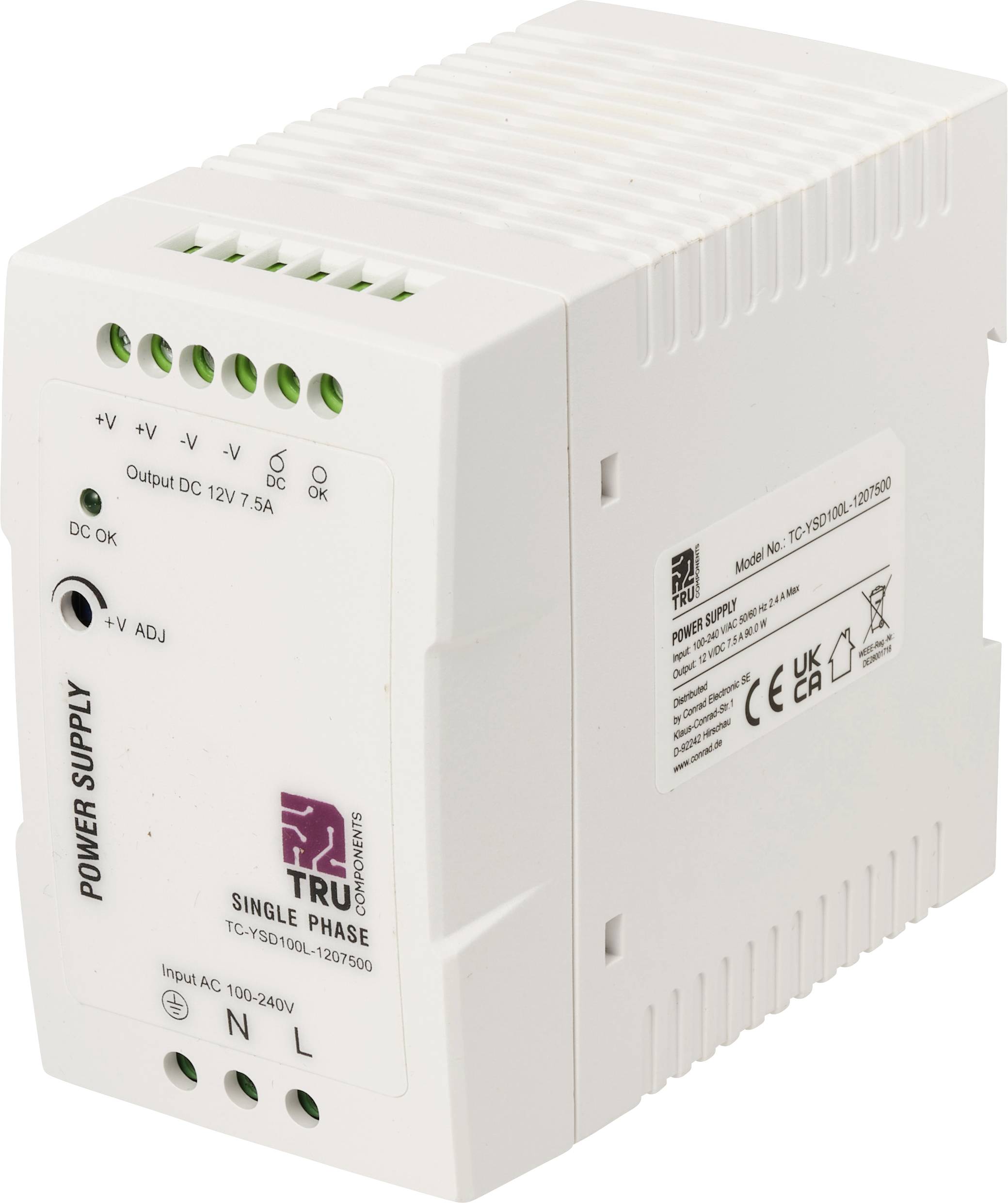 Unité d'alimentation électrique DIN-rail blanche avec bornes à vis, étiquetée « Output DC 12V 7.5A » et « Power Supply », présentée dans une photo de produit.
