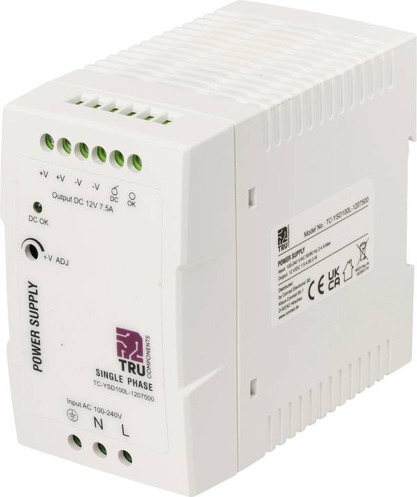 TRU COMPONENTS TC-14382316 Alimentation rail DIN Consommation (veille) 1 W 12 V/DC 7.5 A 90 W Nbr. de sorties:1 x  Contenu 1 pc(s)