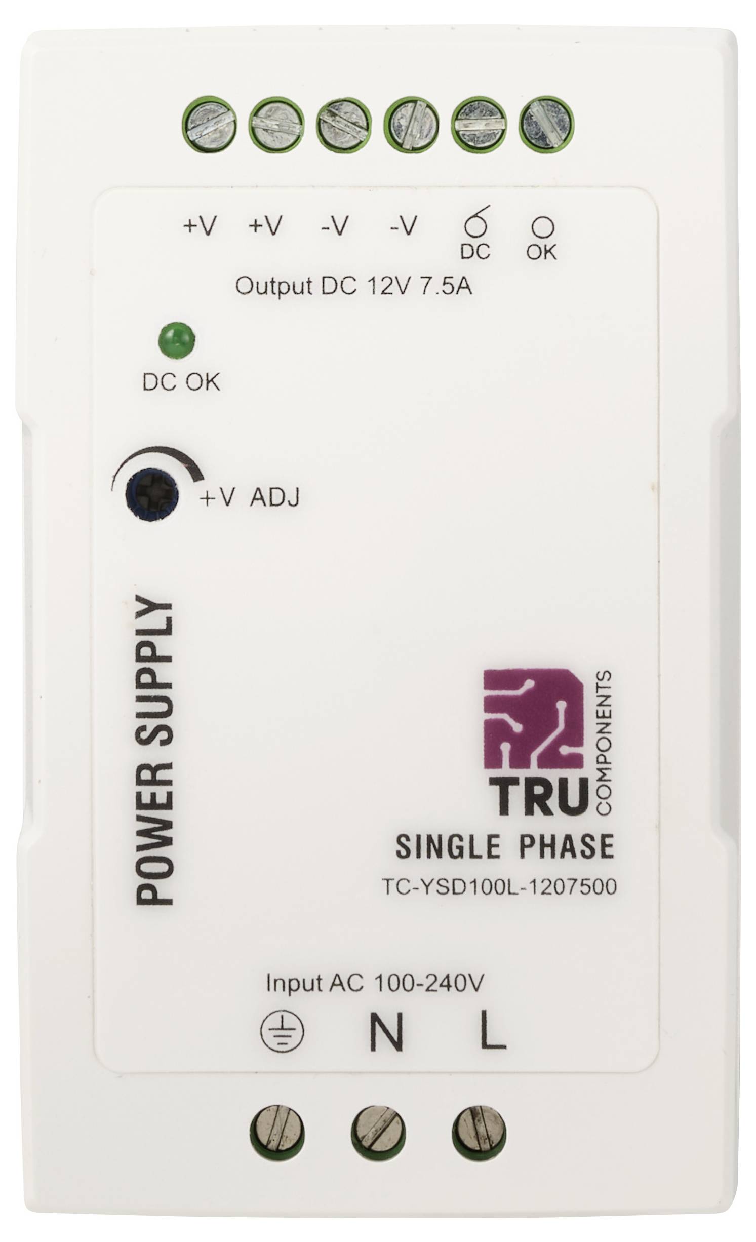 Bloc d'alimentation monophasé blanc étiqueté « Sortie CC 12V 7,5A » et « Entrée CA 100-240V », avec bouton d'ajustement, voyants indicateurs et vis de borne.