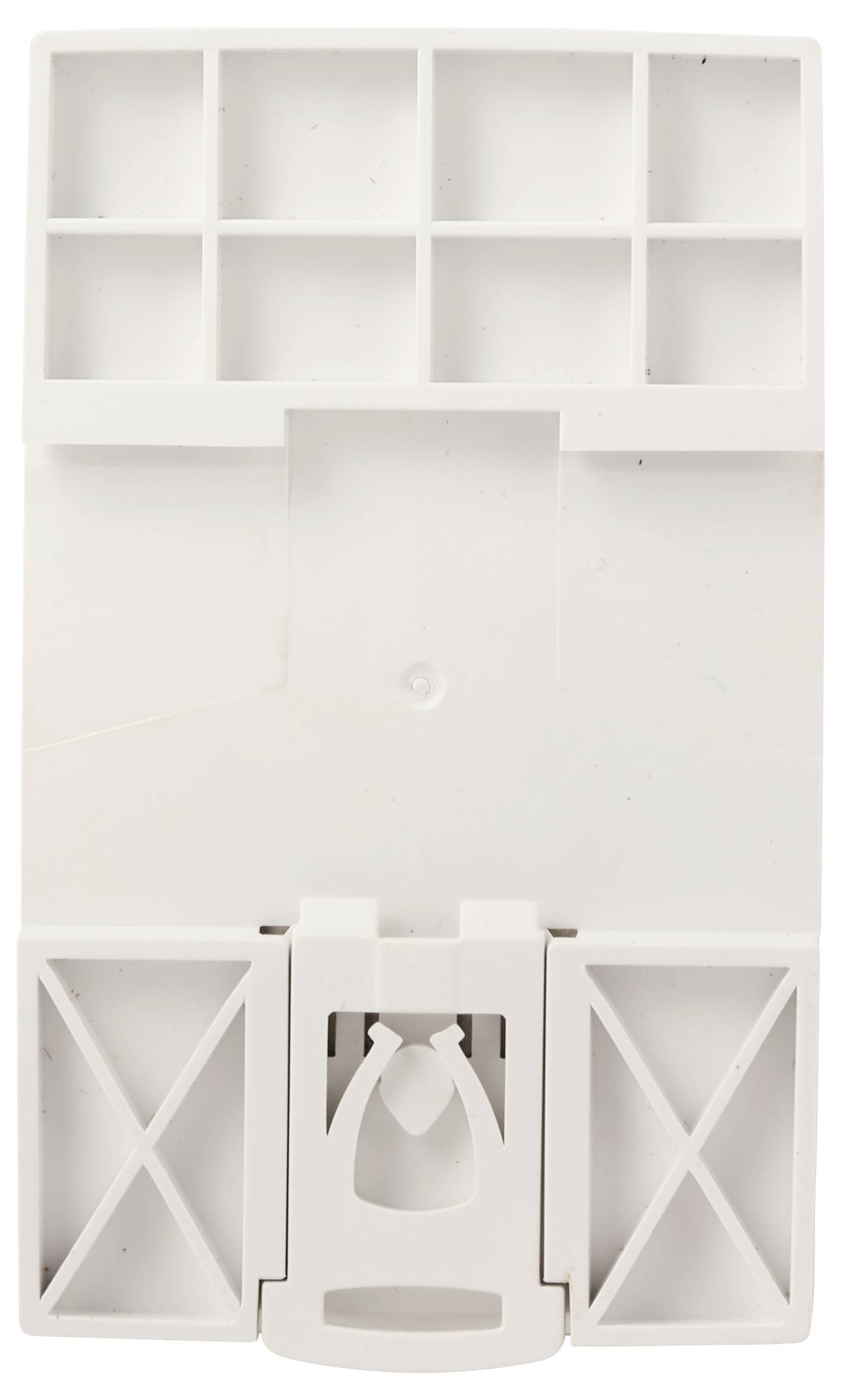 Support mural en plastique blanc avec deux compartiments latéraux et une fente distributrice centrale, probablement destiné aux mouchoirs ou aux rouleaux de papier.