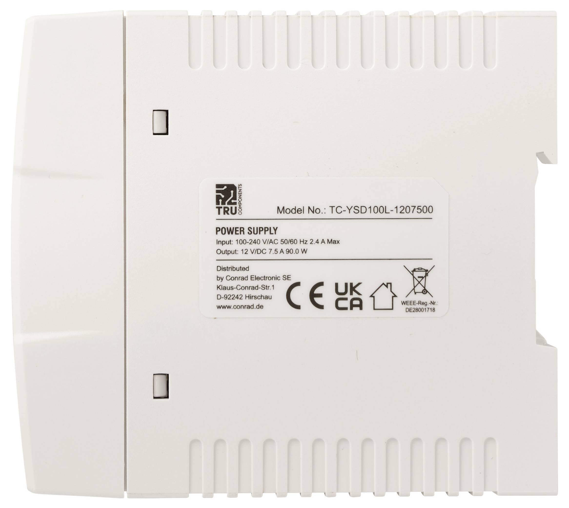 Unité d'alimentation blanche avec étiquette affichant le modèle TC-YS100L-1207500 et les spécifications d'entrée/sortie électriques.