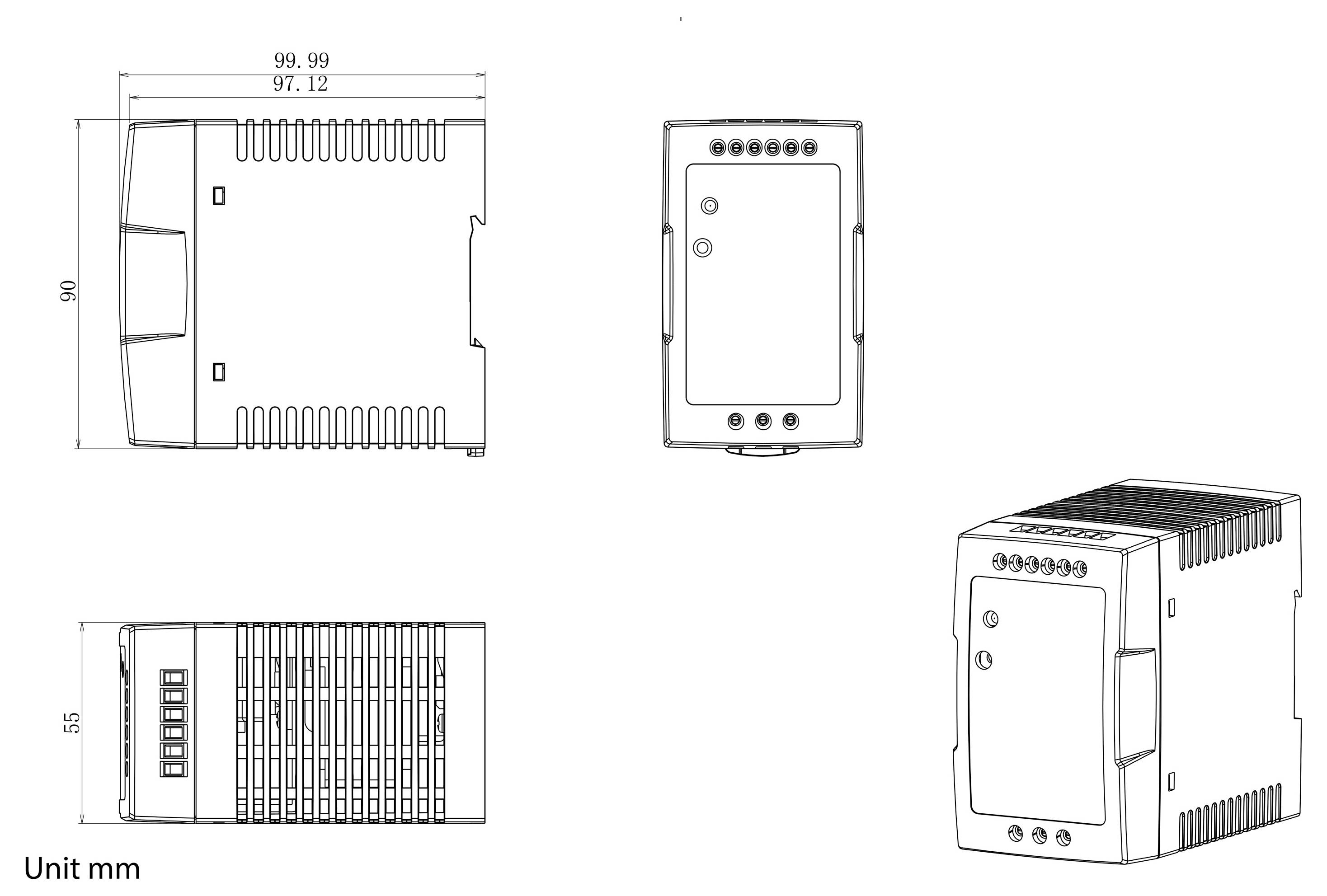 Dessin technique d'un module électronique rectangulaire présenté en vues de face, de côté, de dessus et isométrique avec dimensions en millimètres.