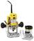 Un routeur DeWalt jaune et noir avec une base à double poignée et un accessoire de base supplémentaire séparé, utilisé pour les tâches de menuiserie.