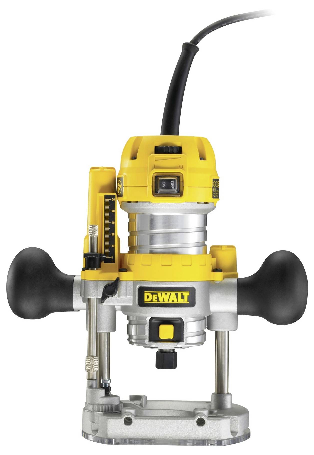 Un outil électrique jaune et noir avec cordon, conçu pour l'usinage du bois, équipé de poignées de chaque côté et d'une base transparente pour une meilleure visibilité.