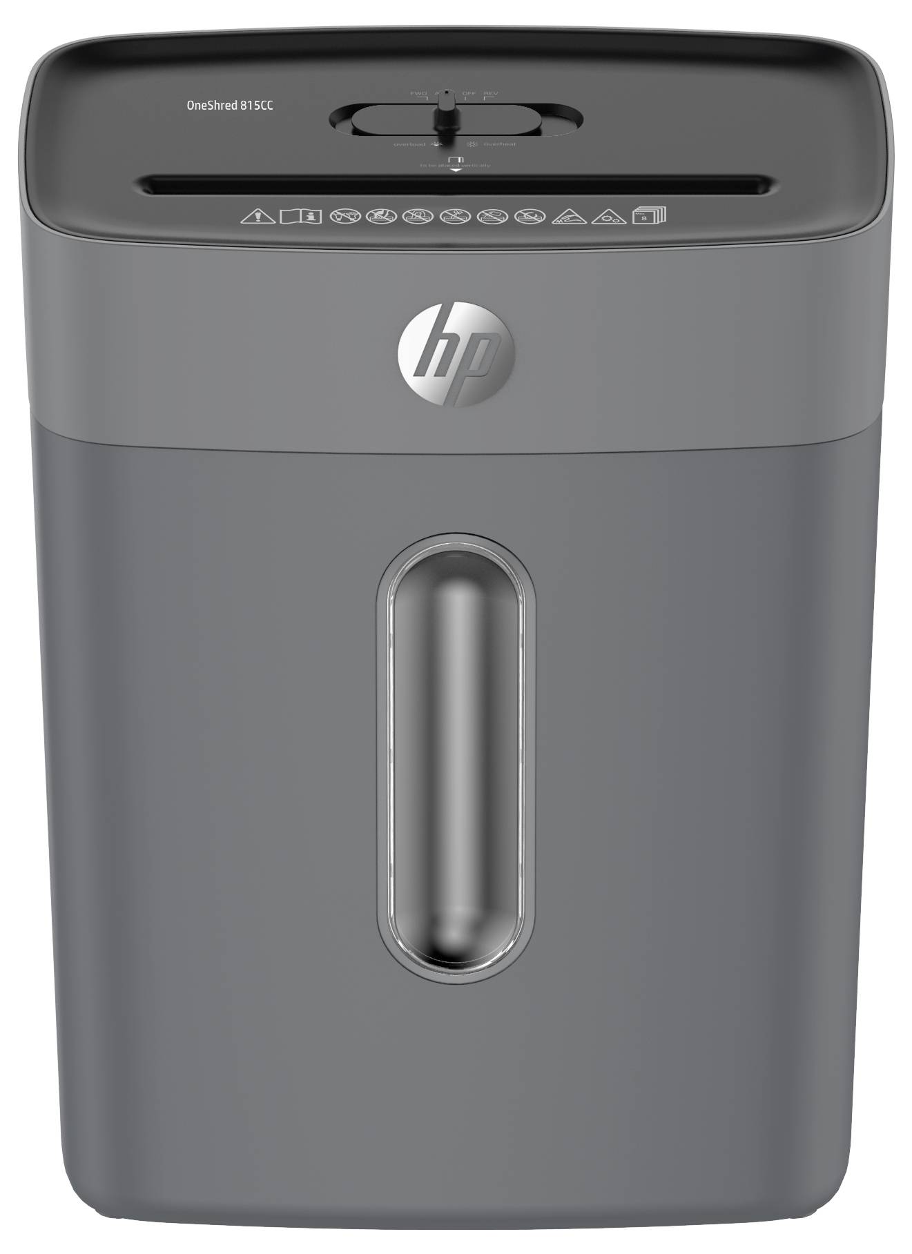 Un destructeur de papier gris, étiqueté HP OneShred 8S12C, dispose d'une fente supérieure pour l'insertion de papier et d'un panneau avant transparent pour visualiser la capacité de papier déchiqueté.