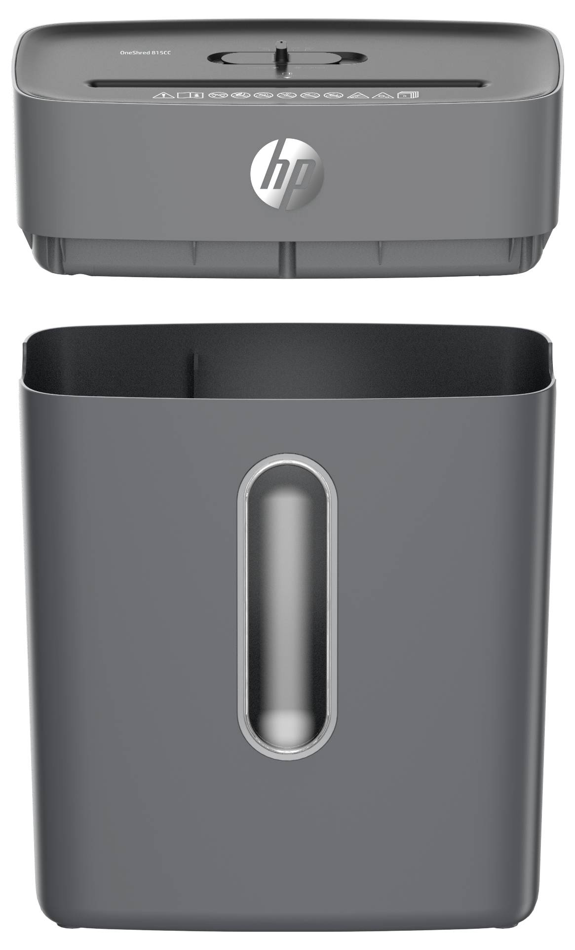 Destructeur de papier HP au design épuré, doté d'une unité de déchiquetage en haut et d'un bac à déchets amovible avec une fenêtre de visualisation transparente.