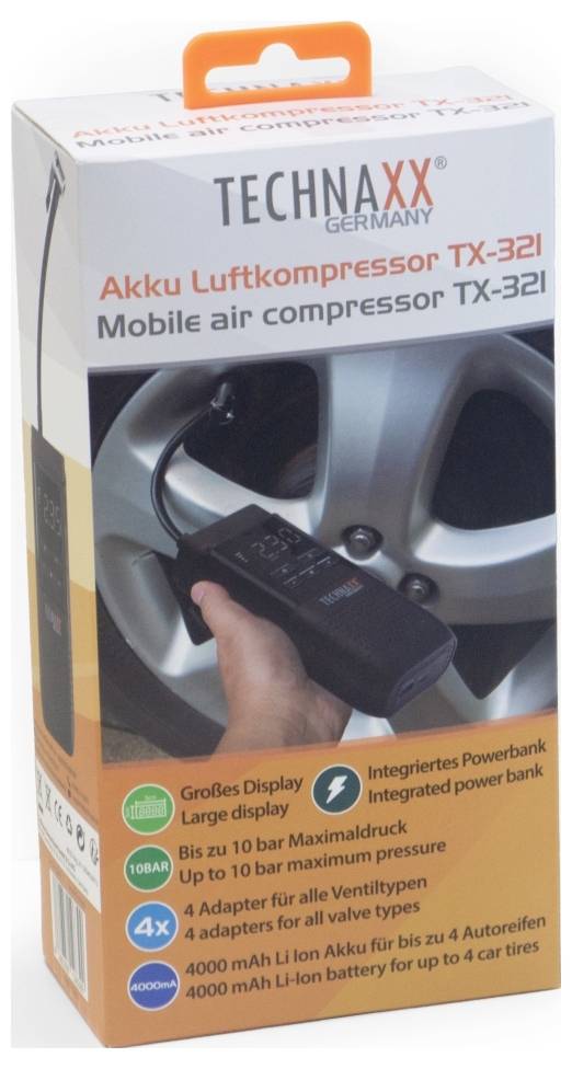 Compresseur d'air mobile « TECHNAXX Germany » TX-32I : la boîte affiche une image de l'appareil et ses caractéristiques en plusieurs langues.
