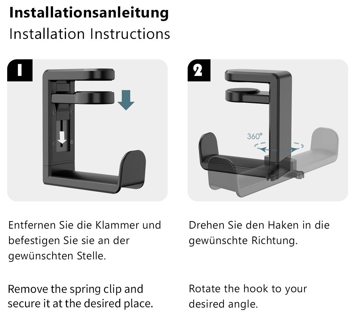 « Instructions d'Installation » : Étape 1, retirer le clip ressort et le fixer à l'endroit désiré ; Étape 2, faire tourner le crochet à l'angle désiré.