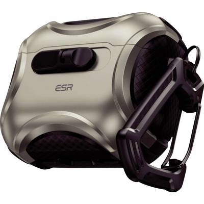 Un gadget métallique avec un bouton latéral, étiqueté « ESR », dispose d'une attache mousqueton. L'appareil présente un design moderne et compact.