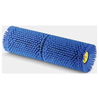 Un rouleau de brosse bleu avec des soies, probablement utilisé pour nettoyer ou frotter les surfaces. Il est cylindrique et a un connecteur jaune à une extrémité.