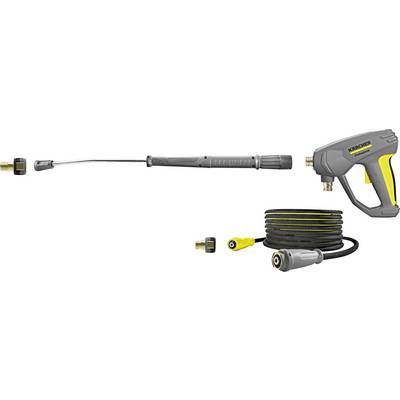 Accessoires pour nettoyeur haute pression, incluant un tuyau, un pistolet pulvérisateur, une lance et une buse, conçus pour des tâches de nettoyage efficaces.