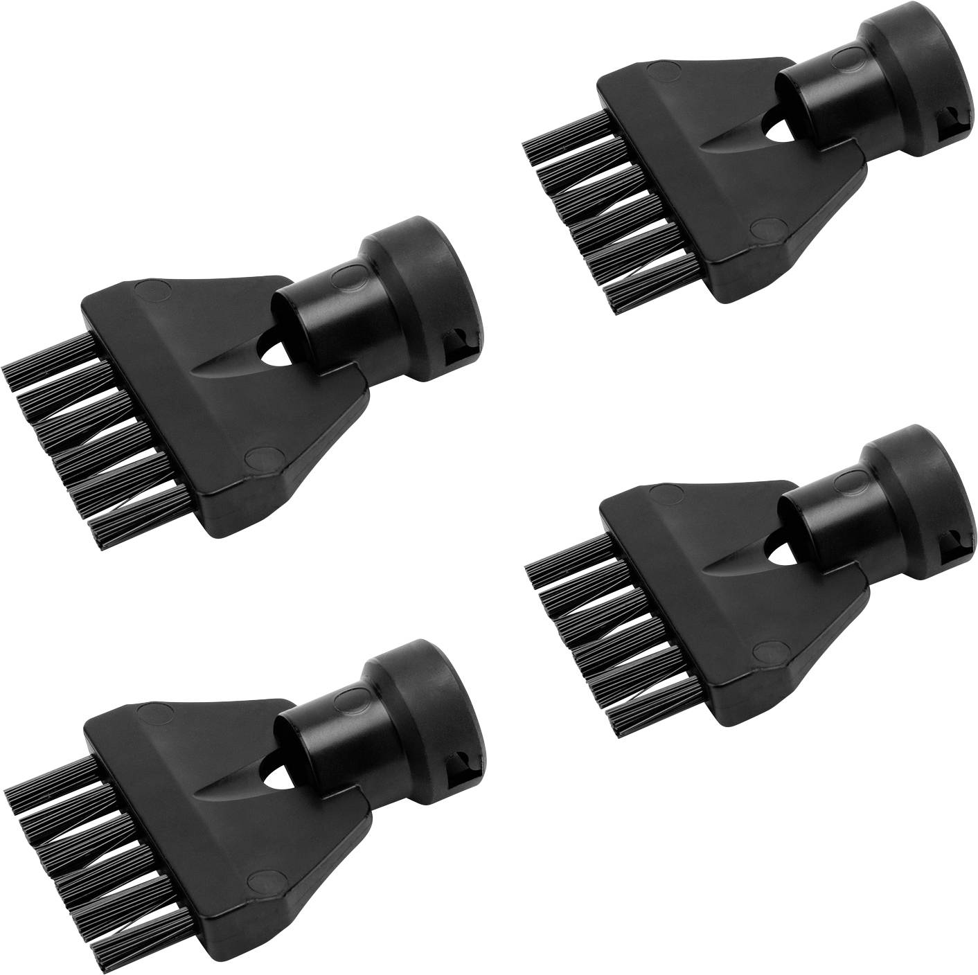 Quatre accessoires de brosse à vide identiques de couleur noire, disposés en parallèle. Chacun possède plusieurs poils et est conçu pour un nettoyage ciblé.