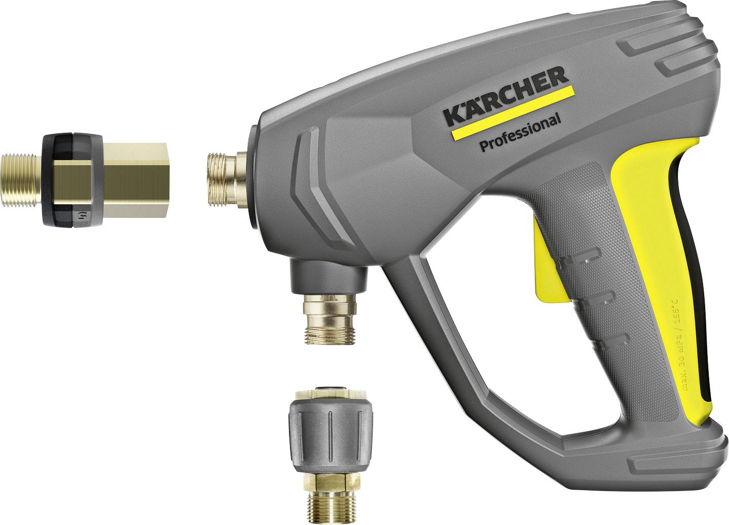 Un pistolet de nettoyeur haute pression professionnel Kärcher avec connecteurs attachés, présentant un design gris et jaune.