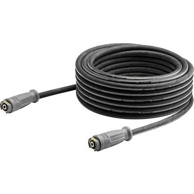 Un tuyau de jardin noir enroulé avec des connecteurs aux deux extrémités, adapté aux tâches d'alimentation en eau ou de nettoyage haute pression.