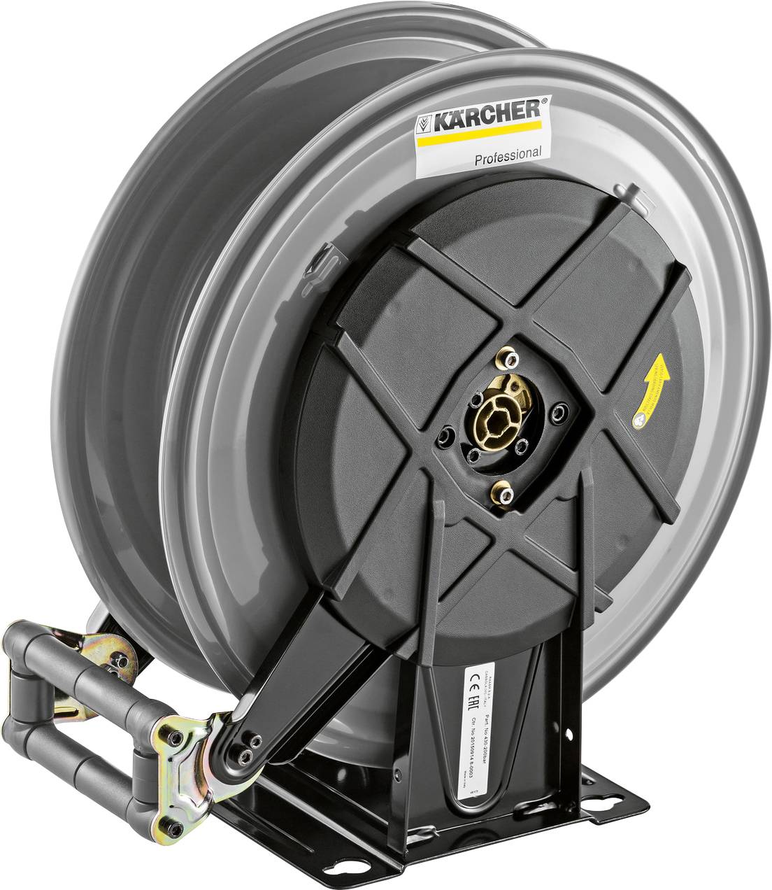 Un grand enrouleur de tuyau monté étiqueté « Karcher Professional » conçu pour les besoins de nettoyage industriels ou commerciaux.
