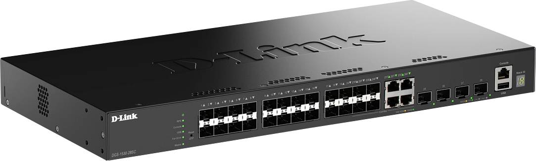 Un commutateur réseau noir avec plusieurs ports Ethernet et des voyants indicateurs affichés sur le panneau frontal, mettant en évidence les options de connectivité.
