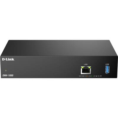 Un concentrateur réseau D-Link DNH-1000 noir disposant d'un port LAN et d'un port USB, avec des indicateurs LED pour l'état de l'alimentation et de la connectivité.