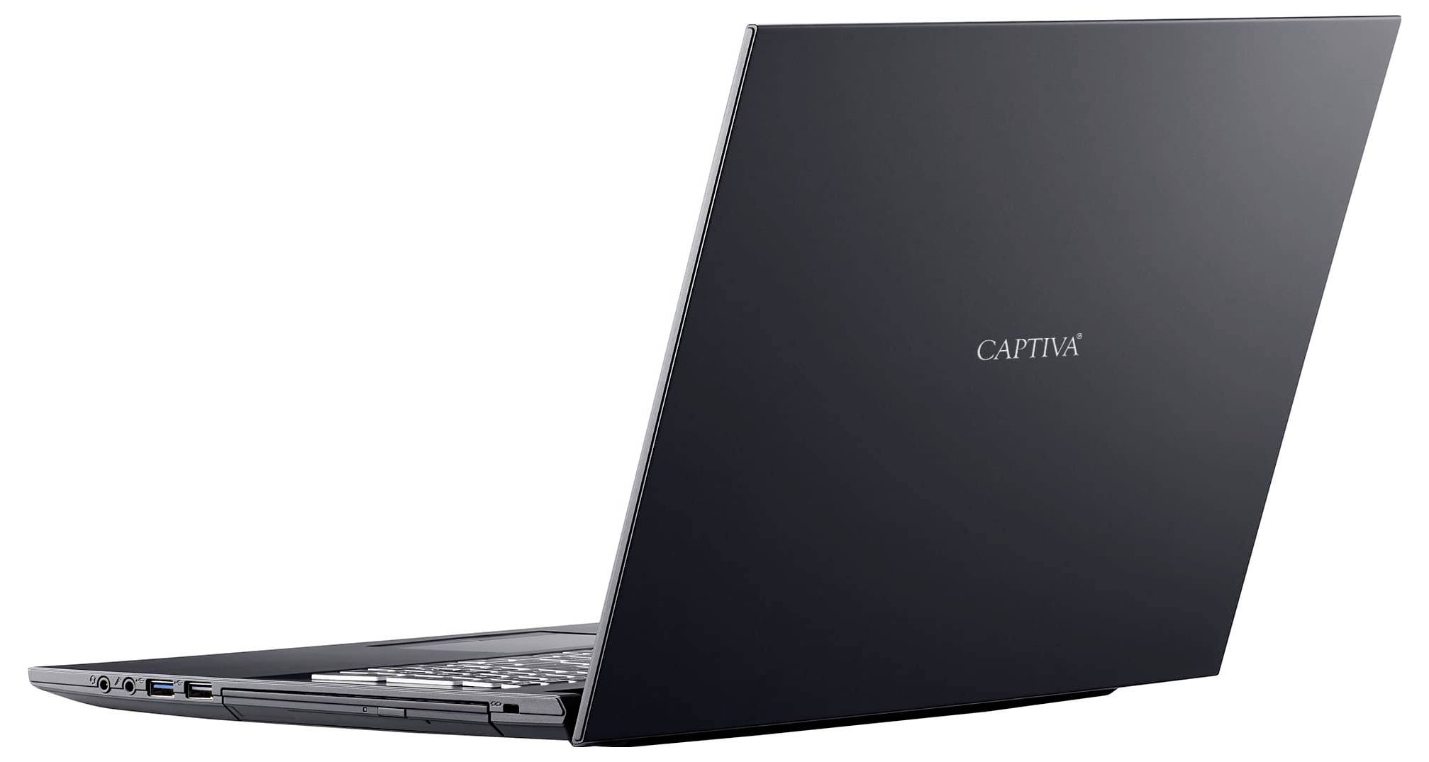 Un élégant ordinateur portable noir avec un clavier argenté ouvert à un angle, affichant le nom de marque « CAPTIVA » à l'arrière de l'écran.