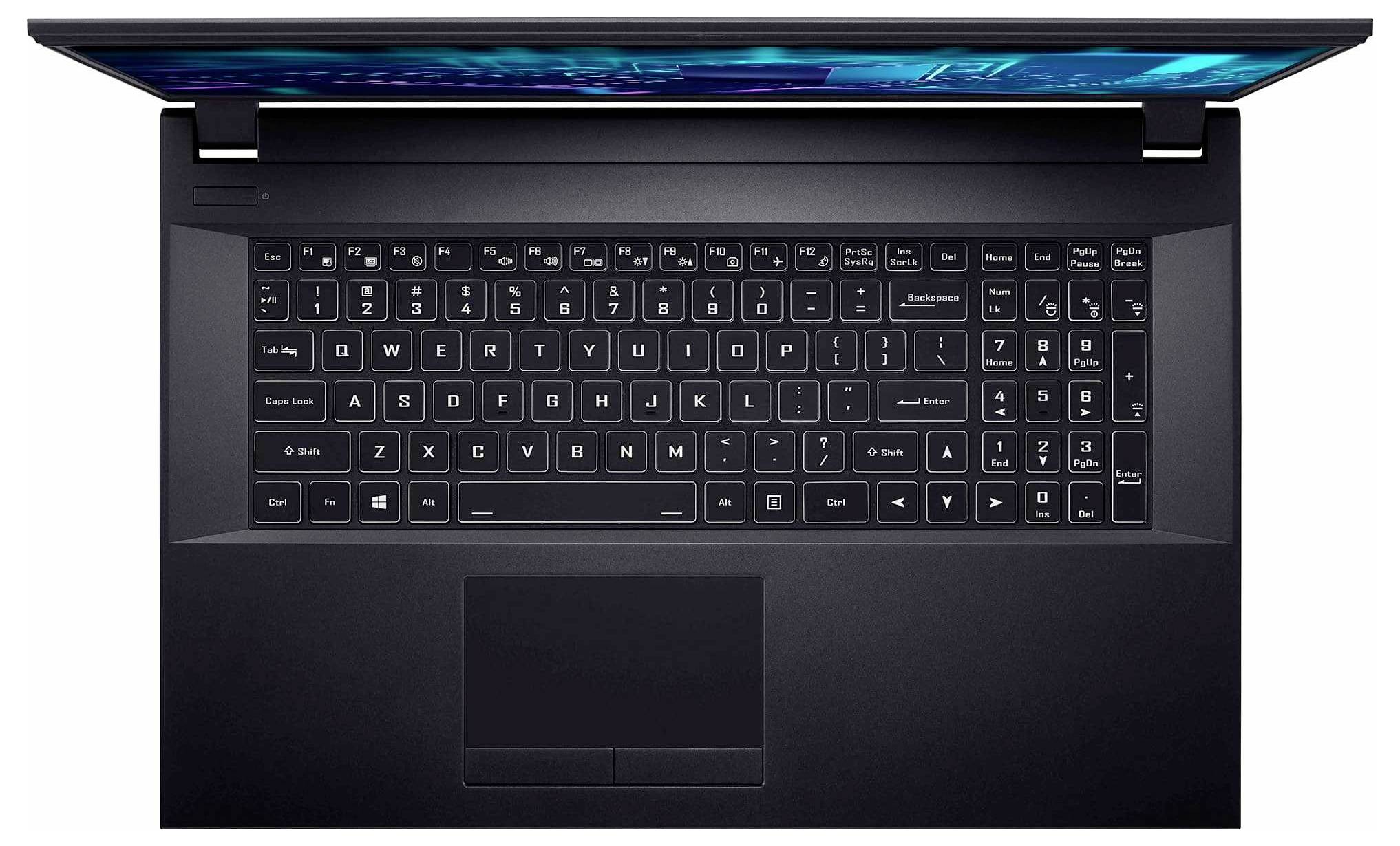 Un ordinateur portable noir vu de dessus, montrant le clavier avec un pavé numérique, un trackpad, et une partie de l'écran affichant des tons bleus.