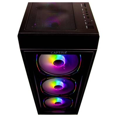 Une tour informatique noire avec trois ventilateurs éclairés par des LED colorées visibles sur le panneau avant. Le panneau supérieur est doté de plusieurs ports USB et d'une grille de ventilation.